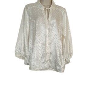 Naomi Womens Button Front Blouse White Jacquard Polka Dot Tie Neck Satin XL